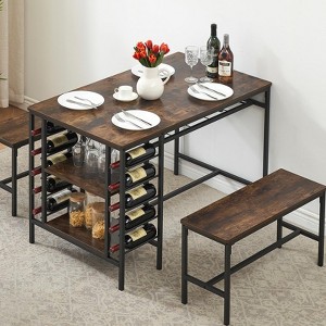 Dining Table Set for 4, Kitchen Table with 2 Benches, Wine Rack and Storage Shelf, Rectangular Dining Room Table Set, 3 Piece Dining Table Set - 1 of 4