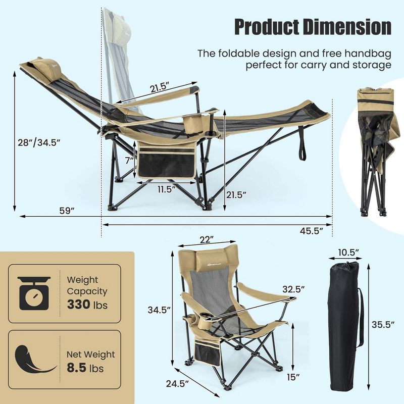 Costway Folding Camping Chair with Detachable Footrest for Fishing, Camp, Picnics Khaki/Grey, 3 of 11