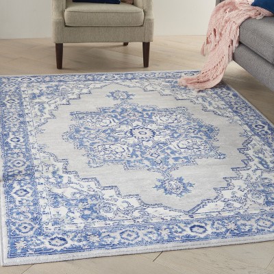 Transitional Grey Blue Floral Medallion 4' x 6' Synthetic Rug