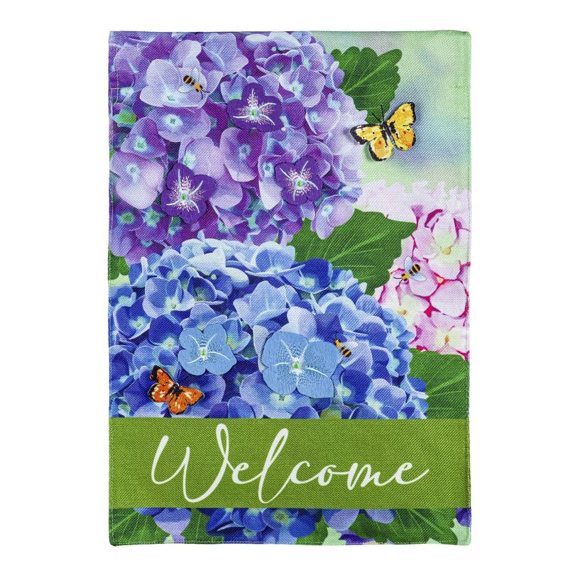 Evergreen Hydrangea and Butterfly Welcome Garden Burlap Flag 12.5 x 18 Inches Indoor Outdoor Decor, 1 of 2
