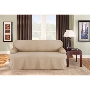 Duck T Cushion Sofa Slipcover Tan - Sure Fit: Cotton Fabric, Machine Washable, Indoor Stretch Fit Cover - 1 of 4