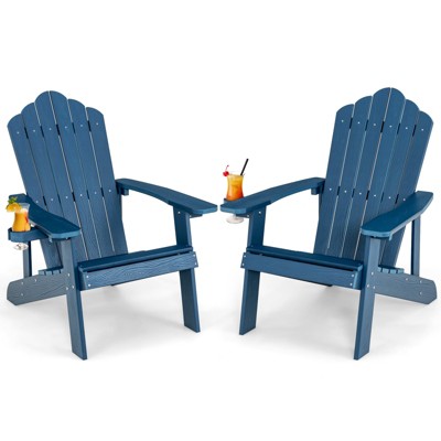 Tangkula 2PCS Adirondack Chair HIPS Adirondack Chair w/Cup Holder Realistic Wood Grain Weather Resistant Outdoor Chair for  380 LBS Weight Capacity Black/Navy/White/Teak/Dark Green/Red/Light Grey/Yellow
