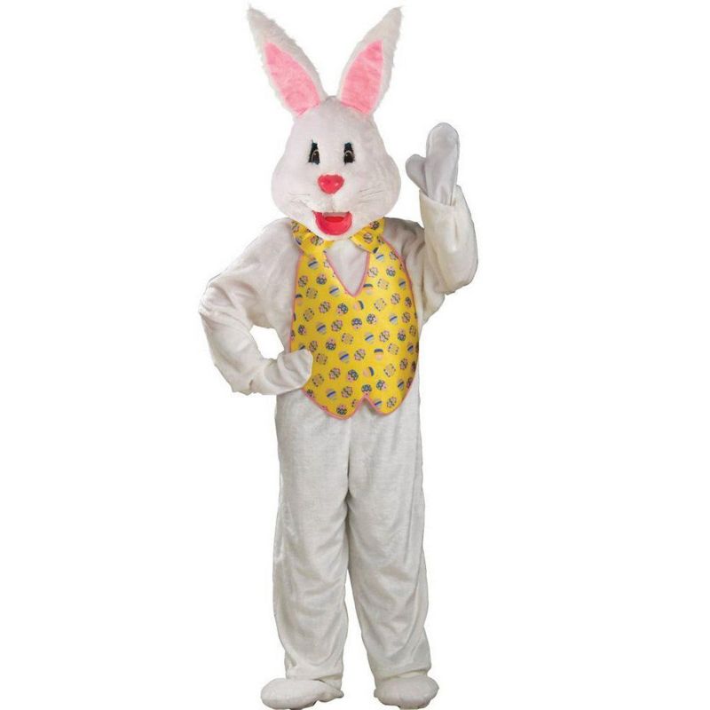 Rubie's White Adult Easter Bunny Mascot with Yellow Vest Costume, 1 of 3