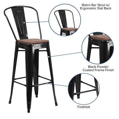 Rustic Bistro-Style Black Metal and Brown Wood Barstool