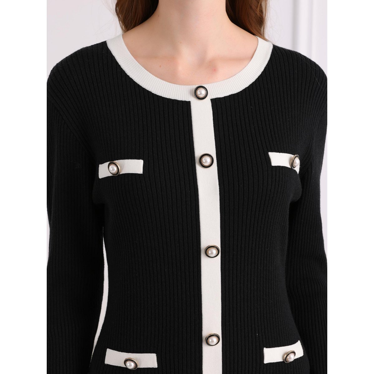 Женские платья INSPIRE CHIC Women's Knit Long Sleeve Contrast Color Midi Sweater Dress Black Small — фото 4