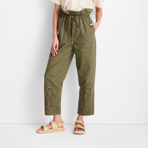 Olive Green Cotton Flax Elasticated High-rise Cargo Pant, Pant