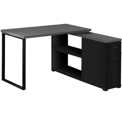 Vynxaria Contemporary Modern L-Shape Corner Computer Desk - Left/Right Set-up, Storage Drawers, Black & Grey Laminate/Black Metal