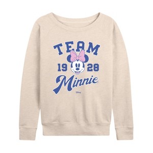 Women's - Disney - Team Minnie- Women's French Terry Long Sleeve Pullover Lightweight French Terry Wide Neck Long Sleeve Graphic Shirt - 1 of 4