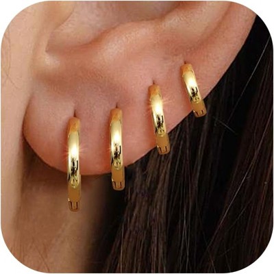 3Pairs 925 Sterling Silver, 14K Gold Plated Small Huggie Hoop Earrings Sets for Multiple Piercing CZ Cartilage Earrings Stacks