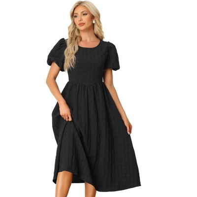 Allegra K Women's Round Neck Fit and Flare Summer Puff Sleeve Midi Dress