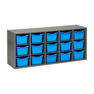 ECR4Kids Streamline 15 Cubby Tray Cabinet with 15 Scoop Front Storage Bins, 3x5, Grey Wash - 1 of 4