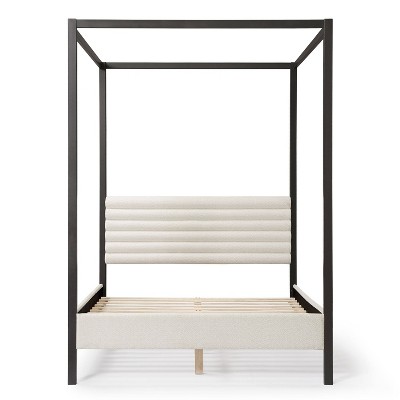 White Queen Canopy Bed with Upholstered Headboard and Wood Frame