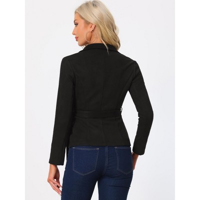 Allegra K Women's Faux Suede Notched Lapel Collar Casual Jackets with Belt Medium Black — фото 3
