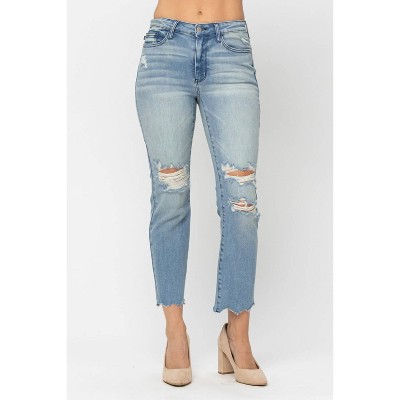 Women's Mid Rise Tinted Wash & Destroy Straight Jeans - Judy Blue