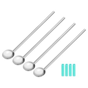 Unique Bargains Stainless Steel Long Handle Reusable Drinking Spoon Straws with Silicone Tips 4 Pcs - 1 of 4