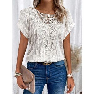 Women's Casual Summer Tops Scoop Neck Short Sleeve Waffle Knit Hollow Out Shirts Loose Tunic Tops Blouses - 1 of 2