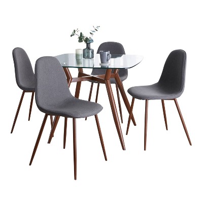 LumiSource 5pc Clara Square Pebble Dining Set Walnut Metal