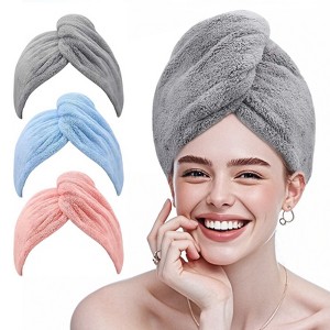 Women 3 PC Microfiber Hair Towel Wrap Ultra Absorbent Hair Turbans for Curly, Long & Thick Hair (Blue,Grey,Pink) - 1 of 4