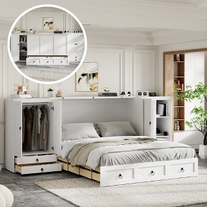 Queen Size Murphy Bed with Dual Side Cabinets, Storage Drawers, Power Outlets, USB Ports, and Foldable Cabinet Design - 1 of 4
