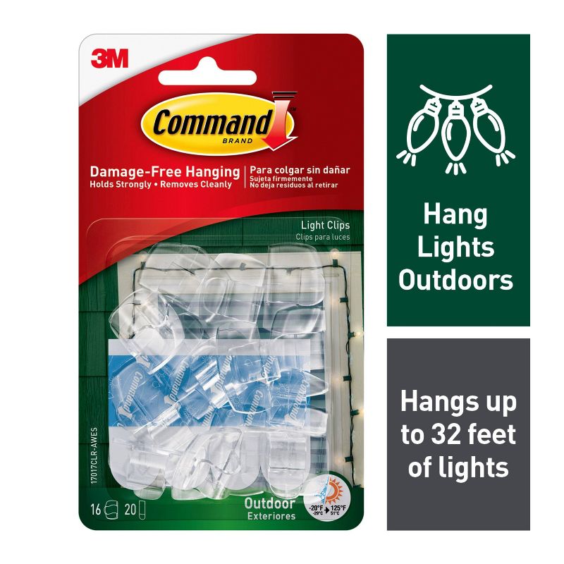 Command 16 Clips 20 Strips Outdoor Light Clips with Foam All Weather Strips Decorative Hooks Clear, 3 of 21