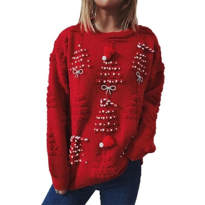Womens Christmas Sweaters Crew Neck Pullover Ugly Sweater Chirstmas Tree Flocking with Pearls Deco Sweater