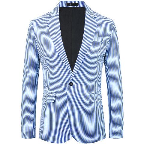 INSPIRE CHIC Men's Single Breasted Sport Coat Business Striped Suit Jacket Medium Blue White