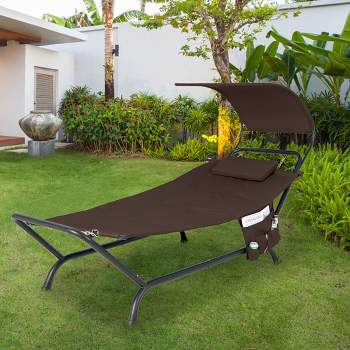 Costway Patio Hanging Chaise Lounge Chair with Canopy, Cushion, Pillow & Storage Bag Blue/Beige/Brown
