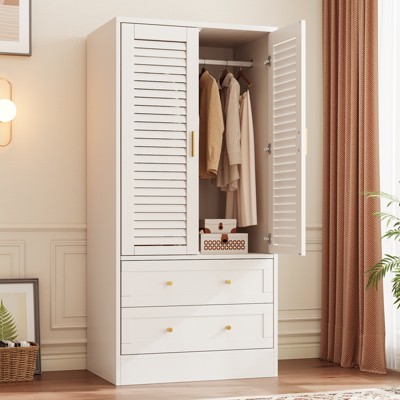 Wardrobe Armoire Closet with 2 Shutter Doors, Wardrobe with Hanging Rods and 2 Drawers, Modern Bedroom Armoire with Gold Handles
