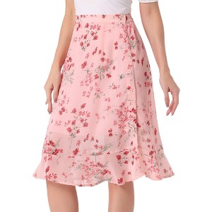 INSPIRE CHIC Women's Floral Ruffle Elastic High Waist Button Flowy Split Skirt - 1 of 4