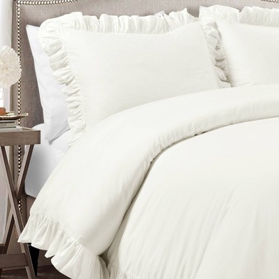 Off-White Ruffled Cotton Full/Queen Duvet Cover Set
