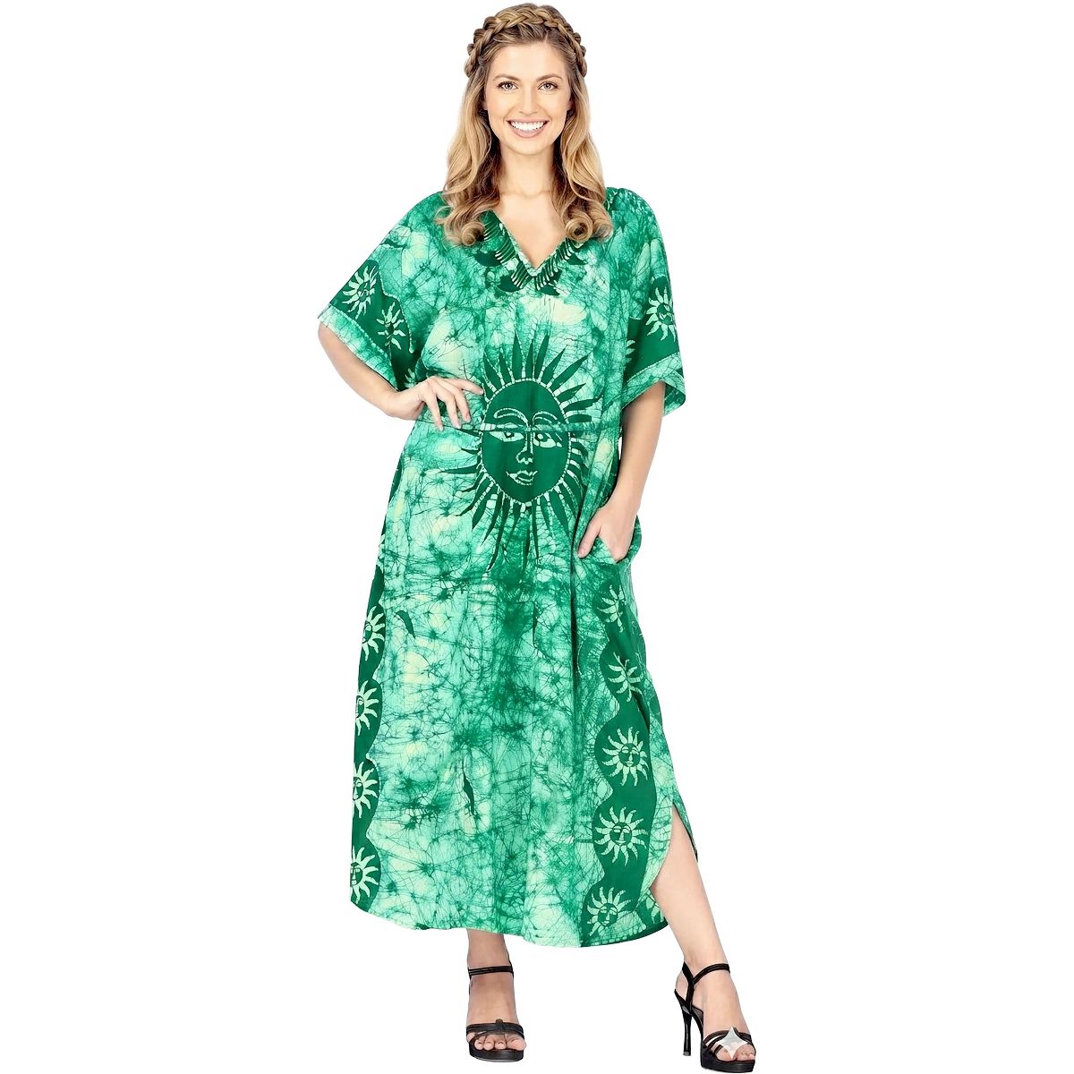 LA LEELA Summer Cotton Cruise Vacation Caftan for Women Resortwear Holiday Loungewear Beach Cover Up Dress 2X-3X Green Sun