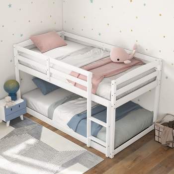 Costway Twin over Twin Low Bunk Bed with Guardrails Integrated Ladder Kids Wooden Grey/White