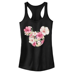 Juniors Womens Mickey & Friends Pink Floral Mickey Mouse Logo Racerback Tank Top - 1 of 4