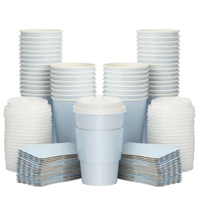 Sparkle and Bash Set of 48 Disposable Insulated Paper Coffee Cups with Lids & Sleeves for Hot Drinks, 16oz, Light Blue