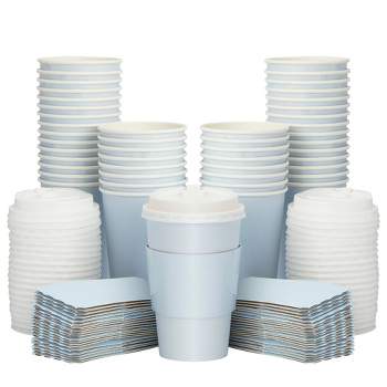 Sparkle and Bash Set of 48 Disposable Insulated Paper Coffee Cups with Lids & Sleeves for Hot Drinks, 16oz, Light Blue