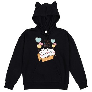 MiMi & Neko Characters And Heart Balloons Women's Black Hoodie With Ears - 1 of 3