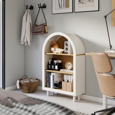 PDTEND White 3-Tier Wooden Modern Arched Bookcase with Woodgrain Shelves