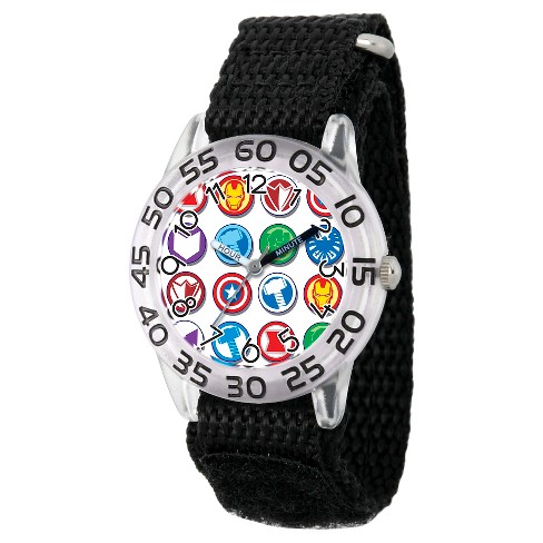 Boys' Marvel's Avengers Marvel Group Logo Clear Plastic Time Teacher Watch  - Black : Target