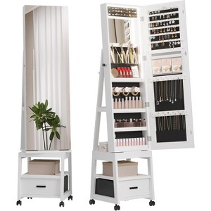 LED Mirror Jewelry Armoire, 360° Swivel, Vertical Jewelry Organizer with Lockable Lockers, Drawers, Mobility Wheels, Foldable Makeup Shelf - 1 of 4