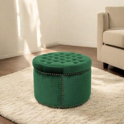 Alilang 22.00 inches Round Velvet Ottoman with Button-Tufted Top and Nailhead Trim-Green