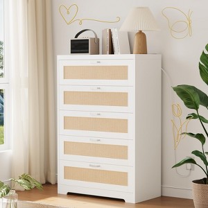 Jojoka 5 Drawer Rattan Tall Dresser, Freestanding Storage Chest of Drawers with Wood Top and Handles for Bedroom Living Room - 1 of 4
