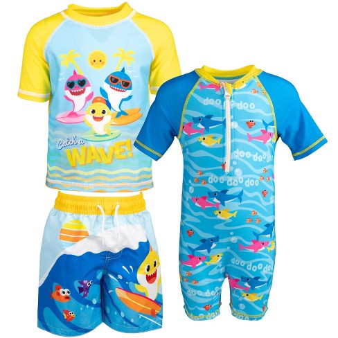 Pinkfong Baby Shark Infant Baby Boys 3 Piece Swimsuit Set Sunsuit Swim Rash Guard Swim Trunks Blue Yellow 12 Months Target