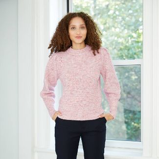 Women's Puff Sleeve Crewneck Pullover Sweater - A New Day™ Pink XS