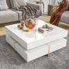 LIVAREEmlen Modern High Gloss Coffee Table with 4 Drawers, Multi-Storage Square Cocktail Tea Table with Wood Grain Legs for Living Room, White - 2 of 4