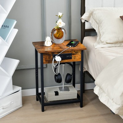 Rustic Brown Industrial End Tables with Charging Station, Set of 2