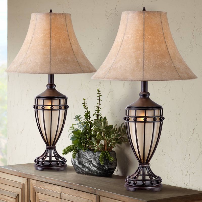Franklin Iron Works Traditional Table Lamps 33" Tall Set of 2 with Nightlight Brushed Iron Urn Beige Fabric Shade for Living Room Bedroom, 2 of 8