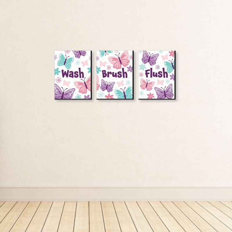 Big Dot of Happiness Beautiful Butterfly - Floral Kids Bathroom Rules Wall Art - 7.5 x 10 inches - Set of 3 Signs - Wash, Brush, Flush, 3 of 8