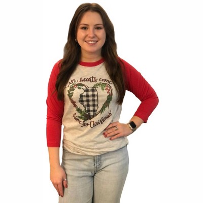 Women's All Hearts Come Home for Christmas Raglan Tee - LuckyBird Clothing Company