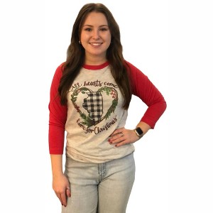 Women's All Hearts Come Home for Christmas Raglan Tee - LuckyBird Clothing Company - 1 of 1