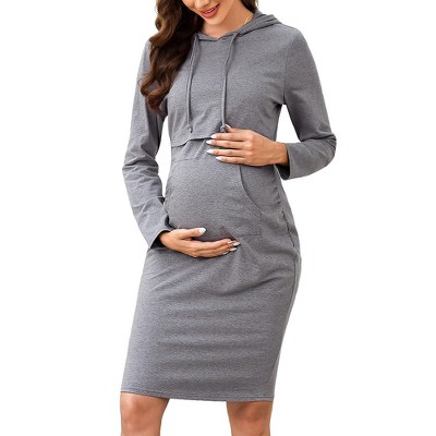 Women's Casual Maternity Dress Knee Length Pocket Nursing Breastfeeding Pullover Hoodie Dress